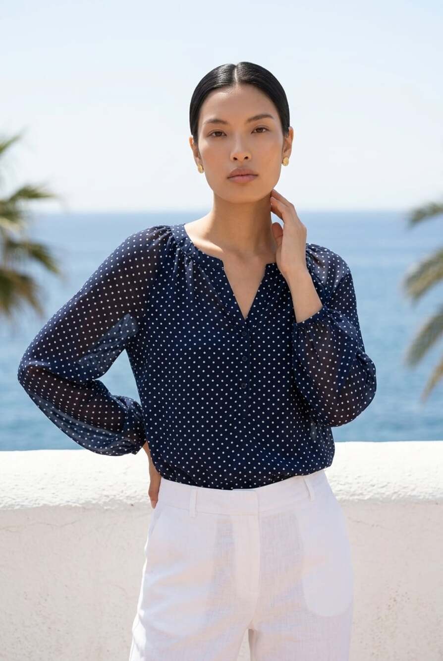 Liz Claiborne Navy Polka Dot Long Sleeve Blouse Size XL